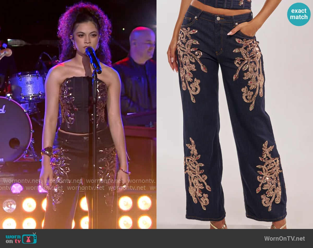 Akira Malibu Embellished Wide Leg Denim worn by Liv Ciara on The Kelly Clarkson Show