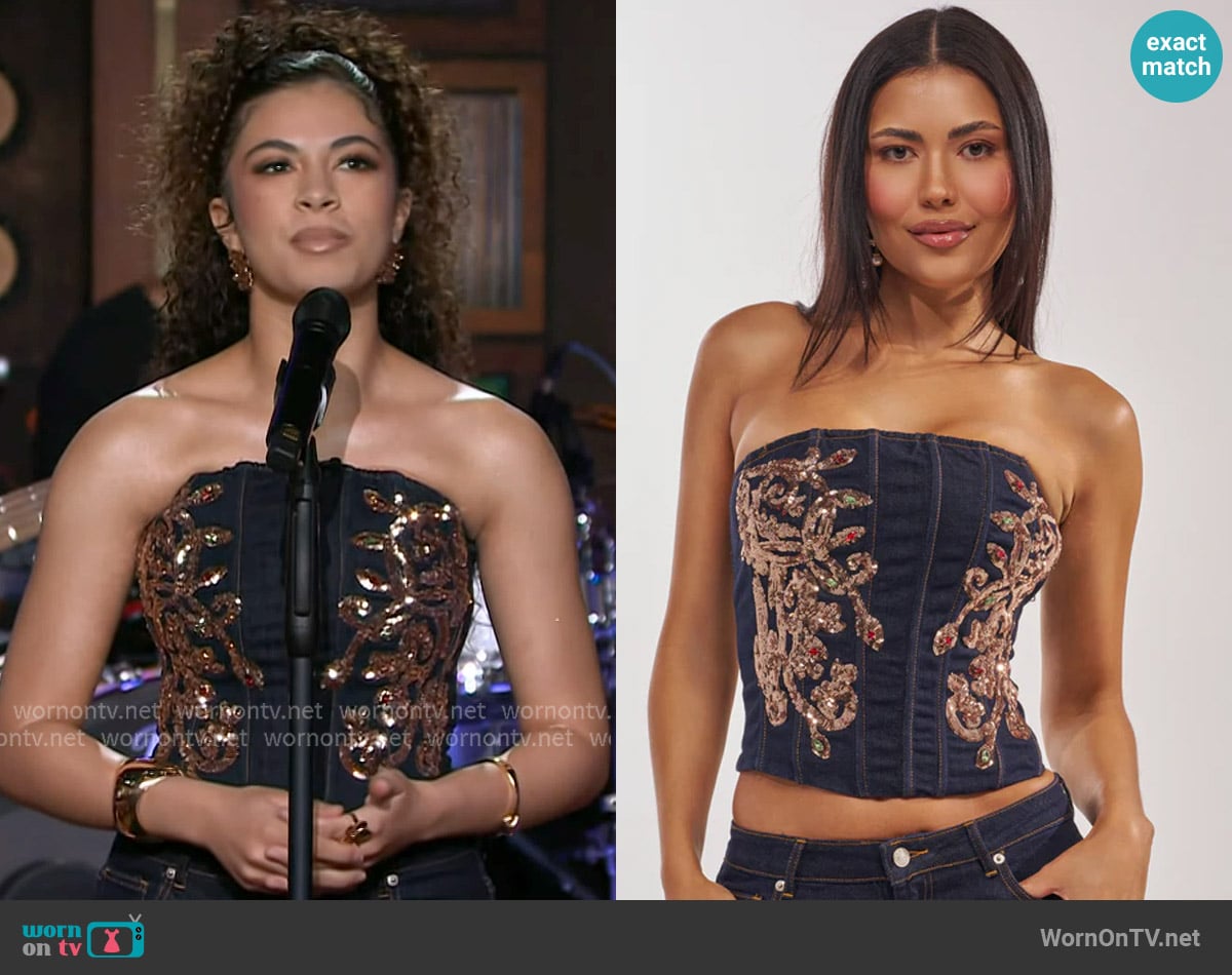 Akira Malibu Lace Up Embellished Denim Corset worn by Liv Ciara on The Kelly Clarkson Show