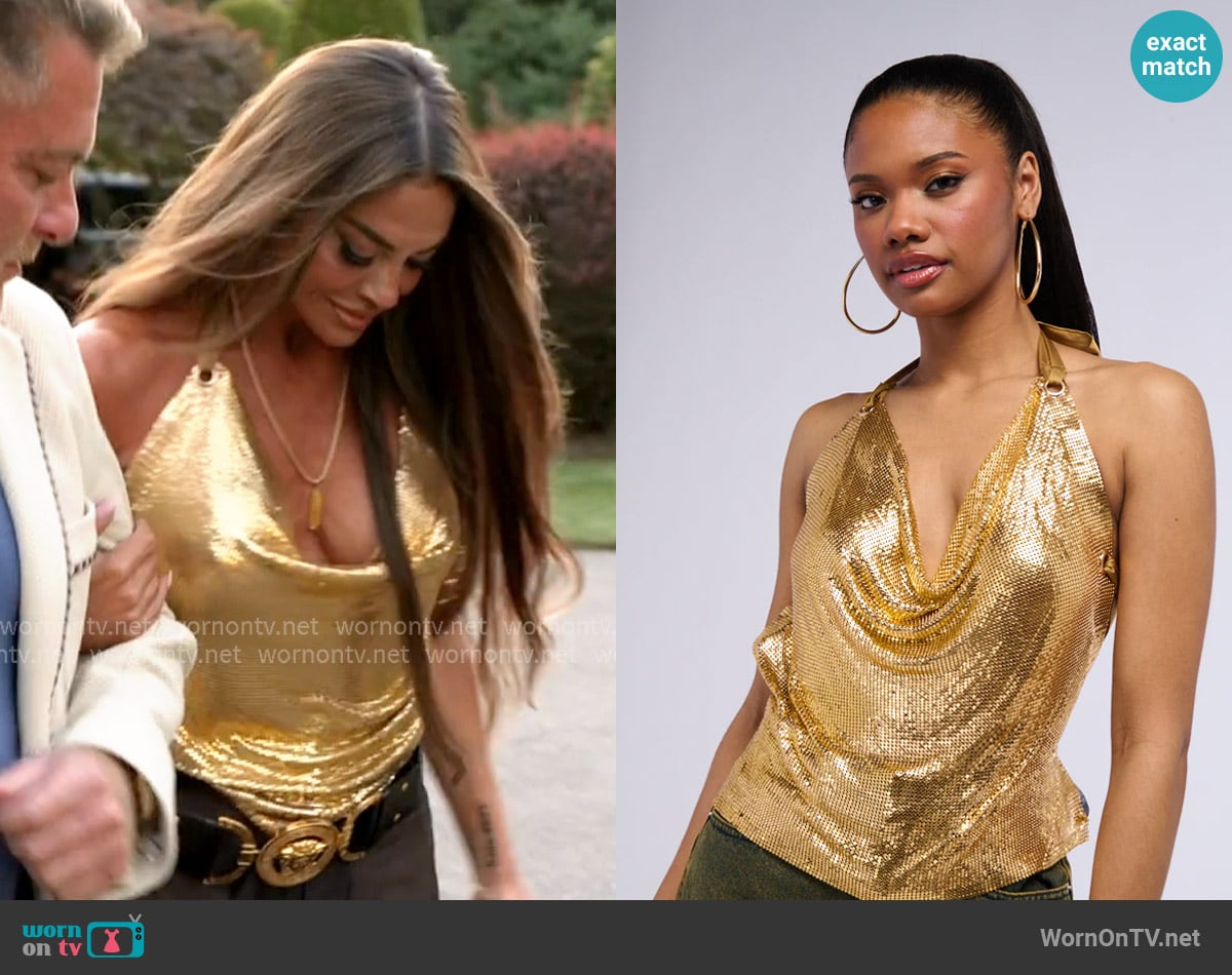 Akira Wont Stop Movin Chainmail Halter Top worn by Liz McGraw on The Real Housewives of Rhode Island