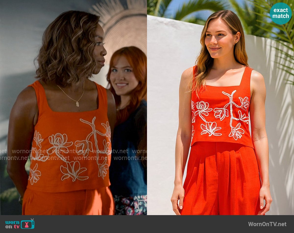 Alex Marie Bright Orange Embroidered Top worn by Helen Decatur (Heather Headley) on Sweet Magnolias