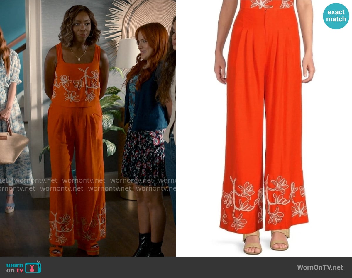 Alex Marie Bright Orange Wide Leg Embroidered Pants worn by Helen Decatur (Heather Headley) on Sweet Magnolias