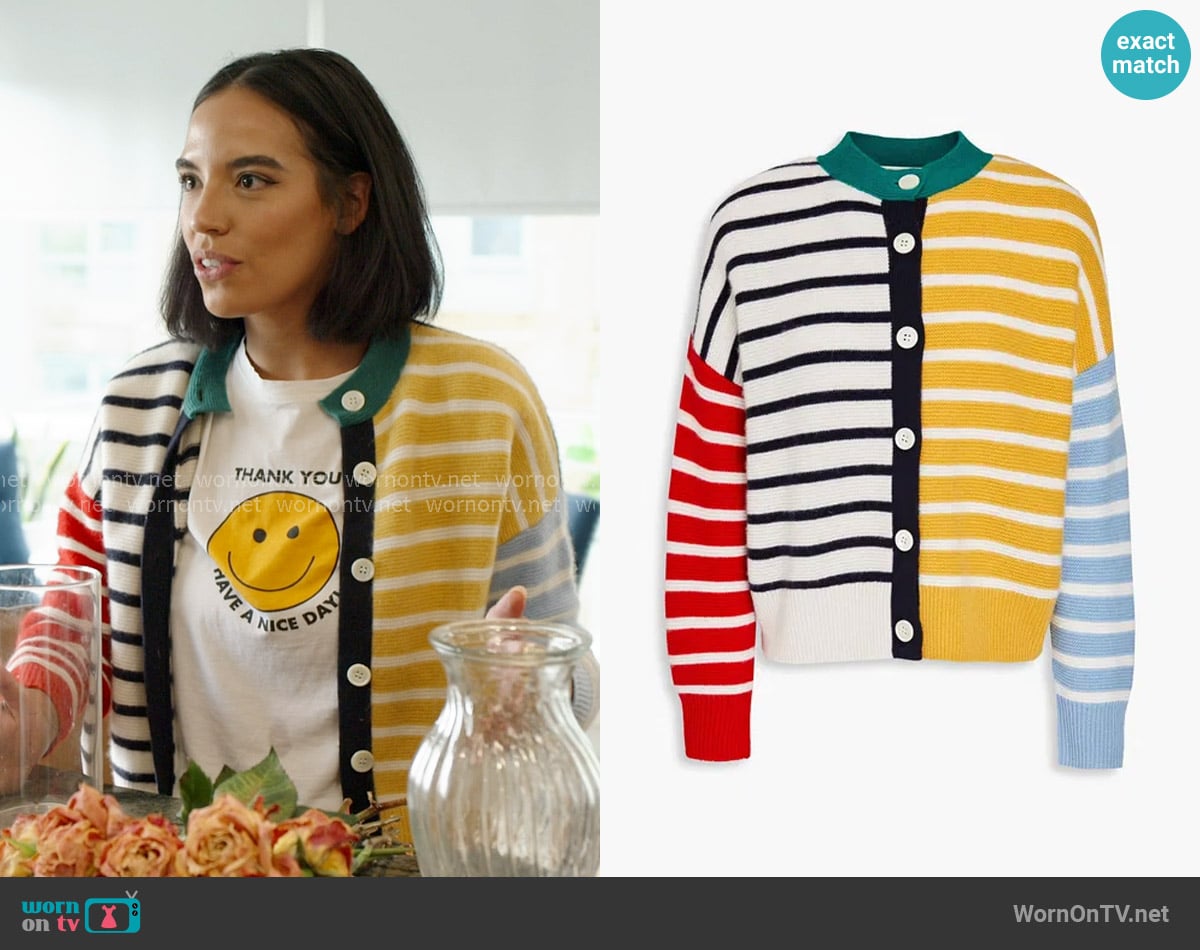 Alex Mill Striped Colorblock Cardigan In Cashmere in Multi worn by Danielle Olivera on In The City