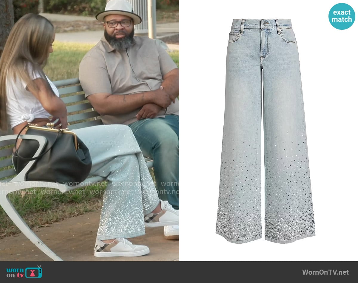 Alice + Olivia Amazing crystal-embellished low-rise wide-leg jeans worn by Drew Sidora on The Real Housewives of Atlanta