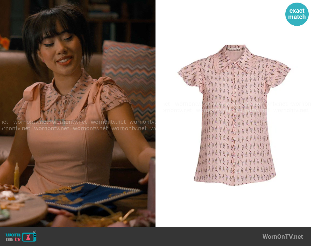 Alice + Olivia Martel Ice Cream-Print Silk Blouse worn by Lily Song (Artemis) on Sweet Magnolias