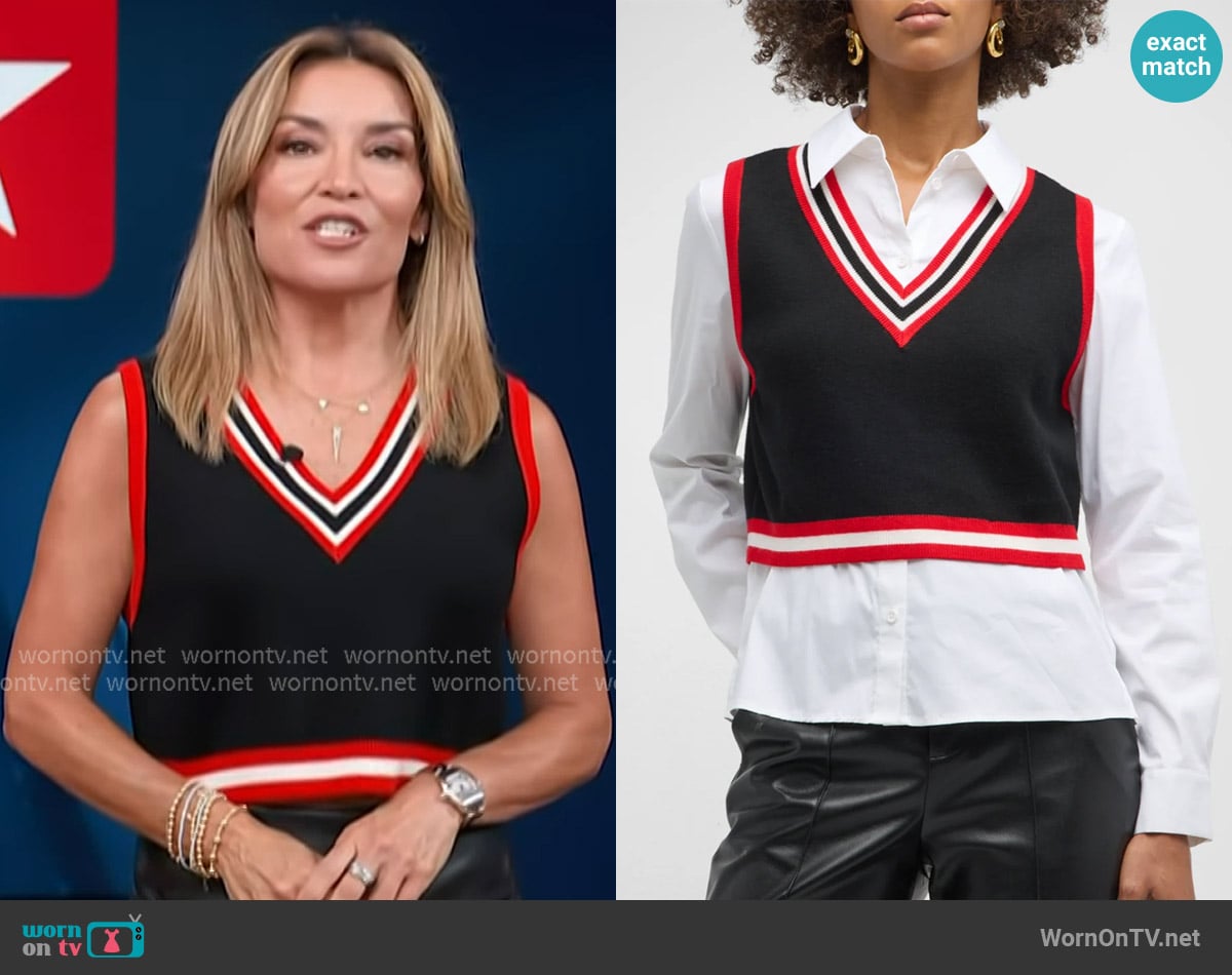 Alice + Olivia Orly Tipped Sweater Vest Combination Tunic worn by Kit Hoover on Access Hollywood