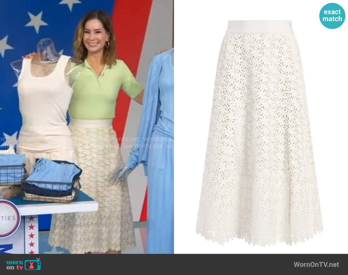 Alice + Olivia Sosie Leather Midi Skirt worn by Rebecca Jarvis on Good Morning America