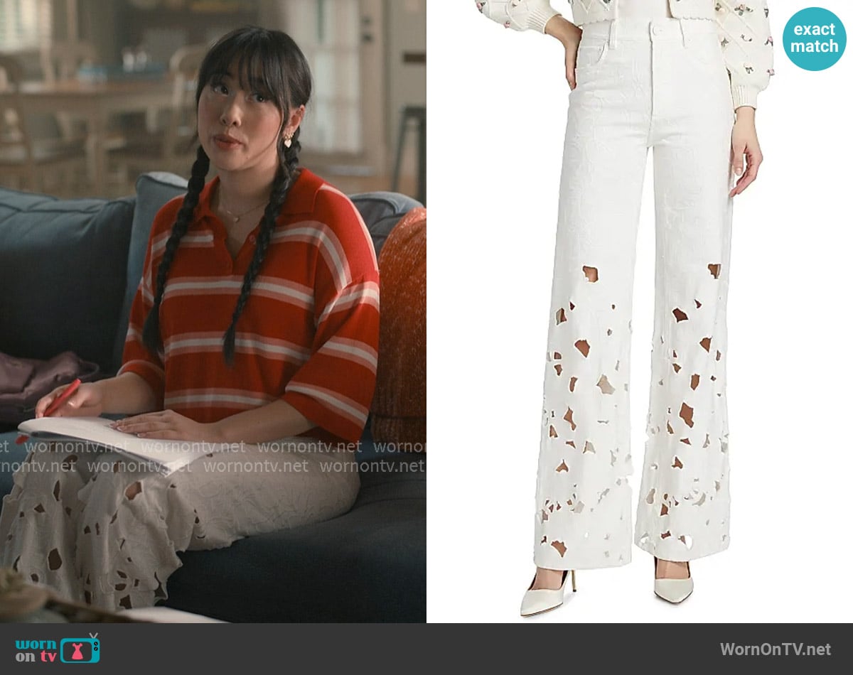Alice + Olivia Weezy High-Rise Embroidered Eyelet Jeans worn by Lily Song (Artemis) on Sweet Magnolias