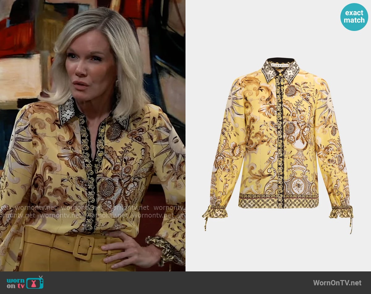 Alice + Olivia Willa Shirt in Lisboa Lemon Meringue worn by Ava Jerome (Maura West) on General Hospital