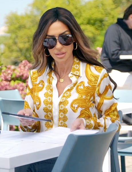 Alicia’s baroque print blouse on The Real Housewives of Rhode Island