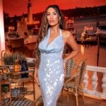 Alicia’s blue sequin cowl neck reunion dress on The Real Housewives of Rhode Island