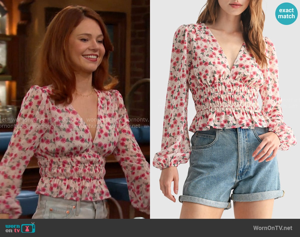 All in Favor Floral Print Long Sleeve Ruffle Shirt worn by Joy Wesley (AlexAnn Hopkins) on Days of our Lives