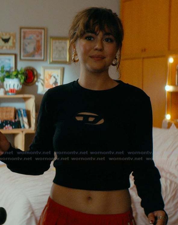 Allie’s black cutout sweatshirt on Off Campus
