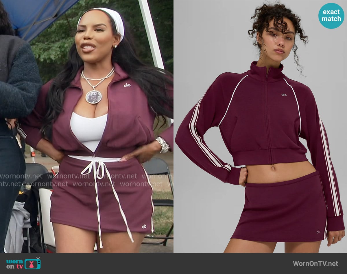 Alo Track Star Jacket in Burgundy worn by Kelli Ferrell on The Real Housewives of Atlanta