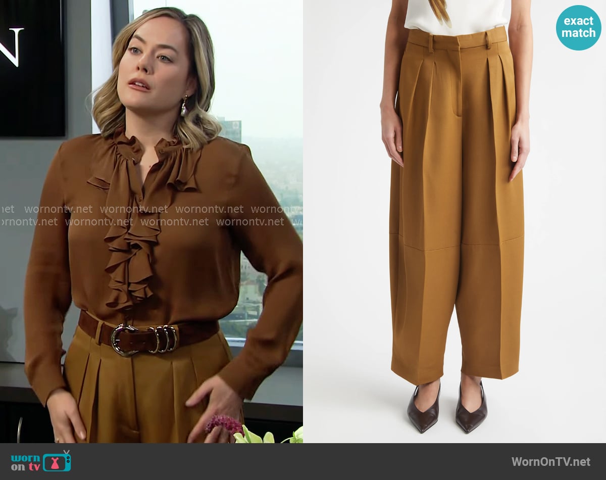 Altuzarra Dash Pants in Golden Oak worn by Hope Logan (Annika Noelle) on The Bold and the Beautiful