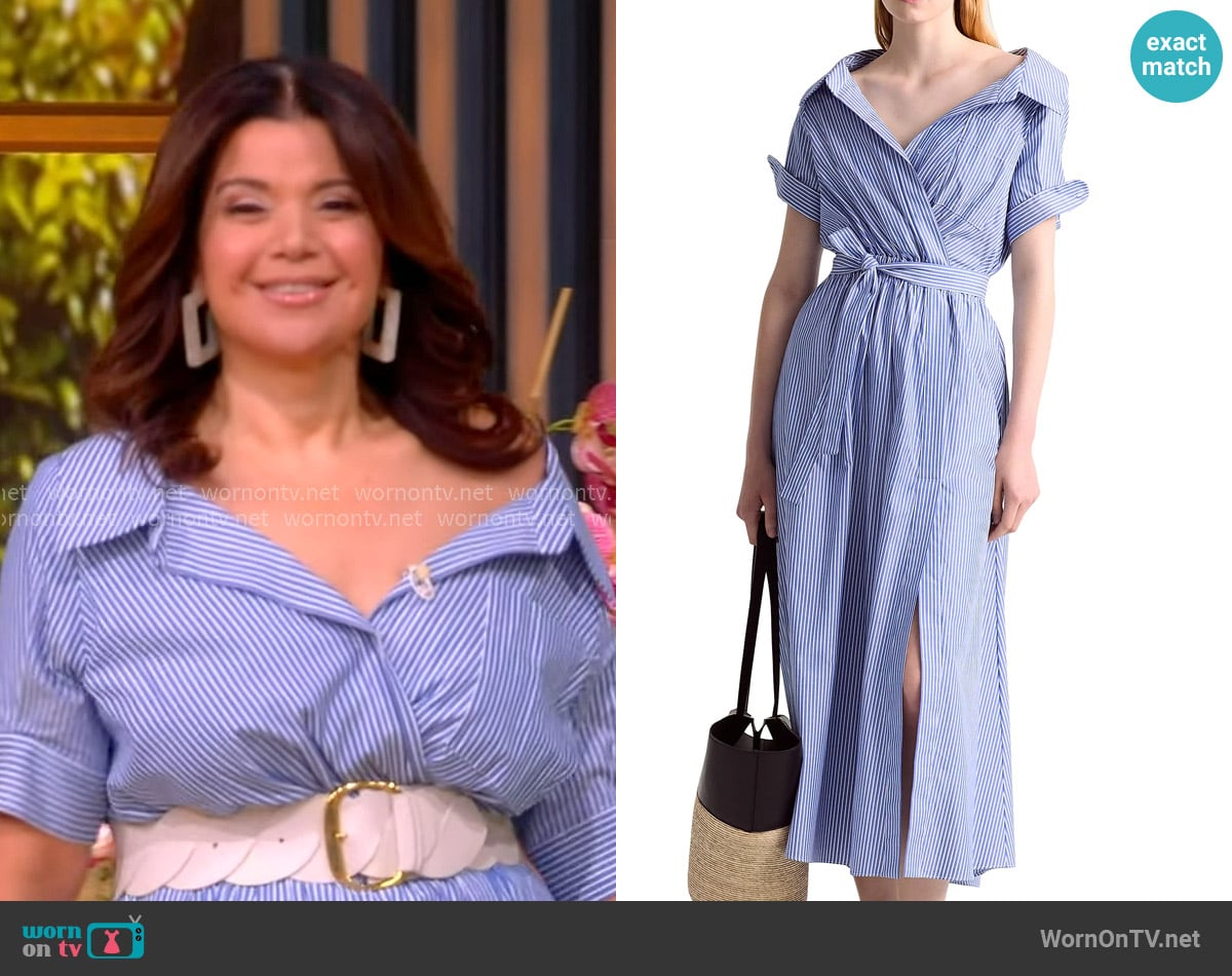 Altuzarra Lydia Stripe Cotton Wrap Shirtdress in Tidal Blue Stripe worn by Ana Navarro on The View