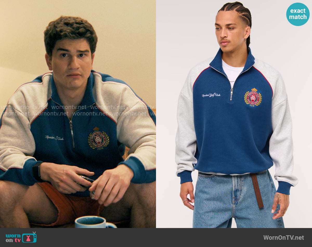 American Eagle Random Golf Club Graphic Half-Zip Sweatshirt worn by Davis Beau Bradley Barrett III (Will Angus) on Not Suitable For Work