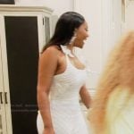 Angela’s white crochet knit dress on The Real Housewives of Atlanta