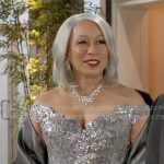 Anita's silver sequin off-shoulder gown on Beyond the Gates