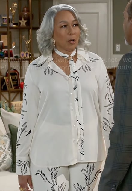 Anita’s white printed blouse and pants set on Beyond the Gates