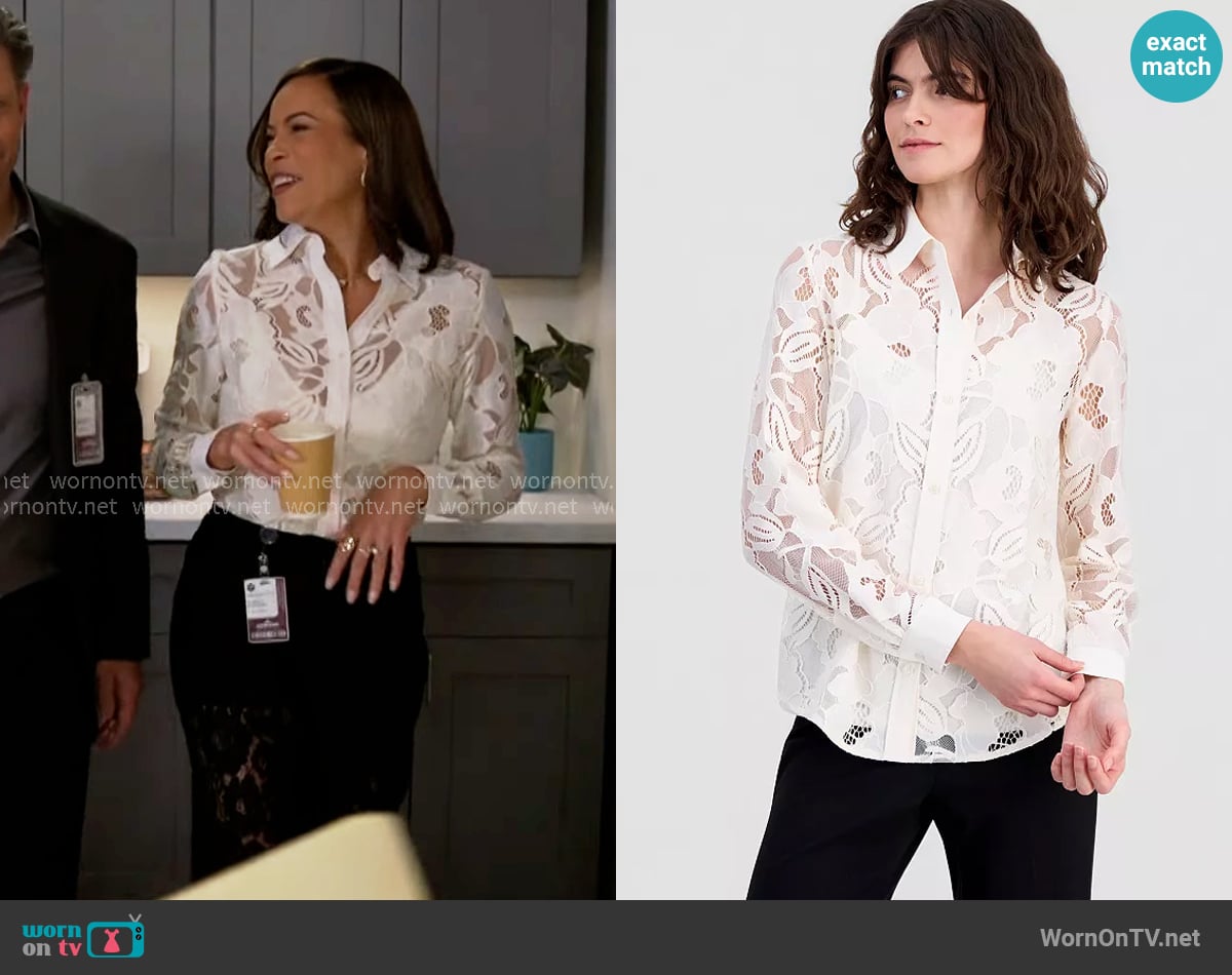 Anne Klein Collared Floral-Lace Button-Front Shirt worn by Nicole Dupree Richardson (Daphnee Duplaix) on Beyond the Gates
