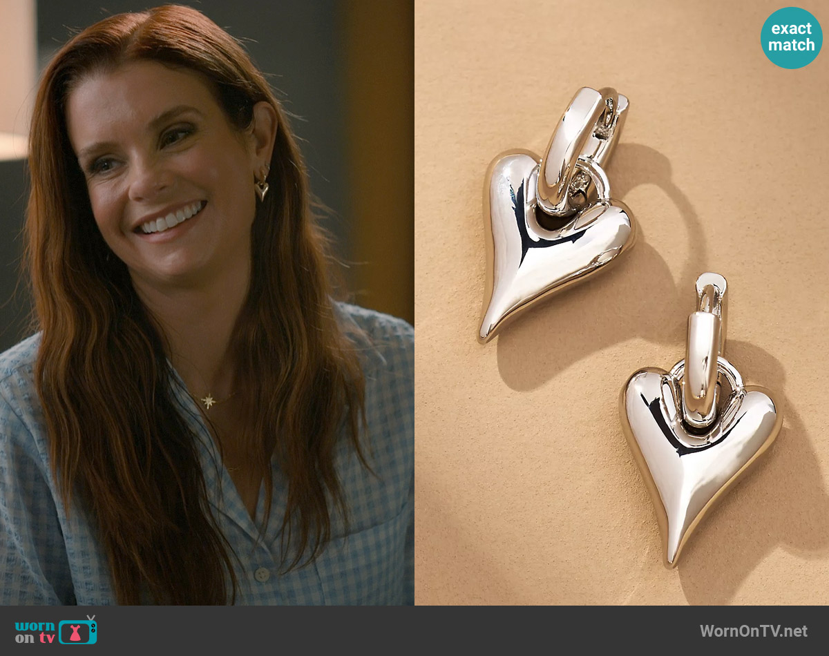 Anthropologie Be Mine Puffy Heart Charm Huggie Hoop Earrings worn by Maddie Townsend (JoAnna Garcia Swisher) on Sweet Magnolias