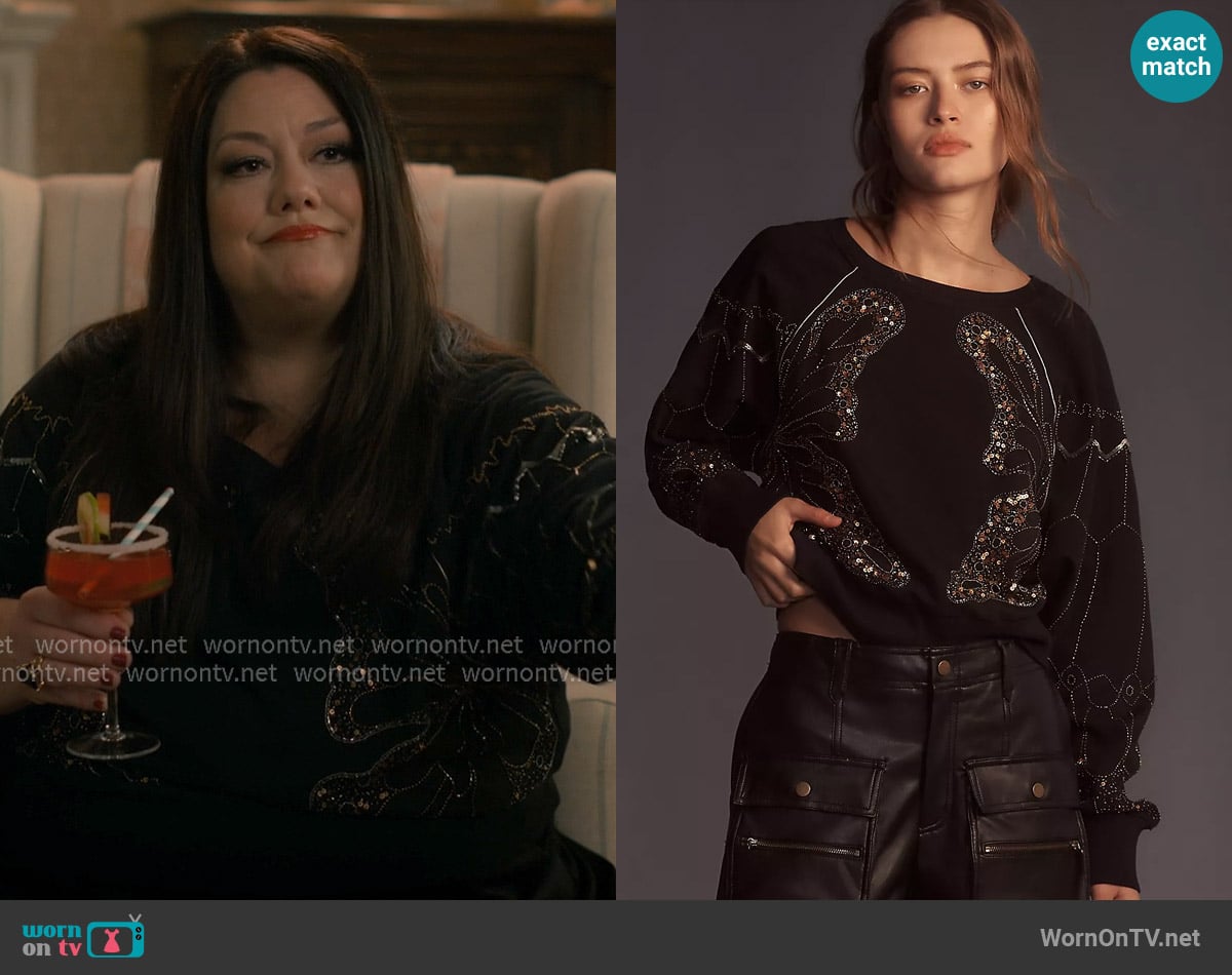 Anthropologie Sequin Butterfly Cotton Sweatshirt worn by Dana Sue Sullivan (Brooke Elliott) on Sweet Magnolias