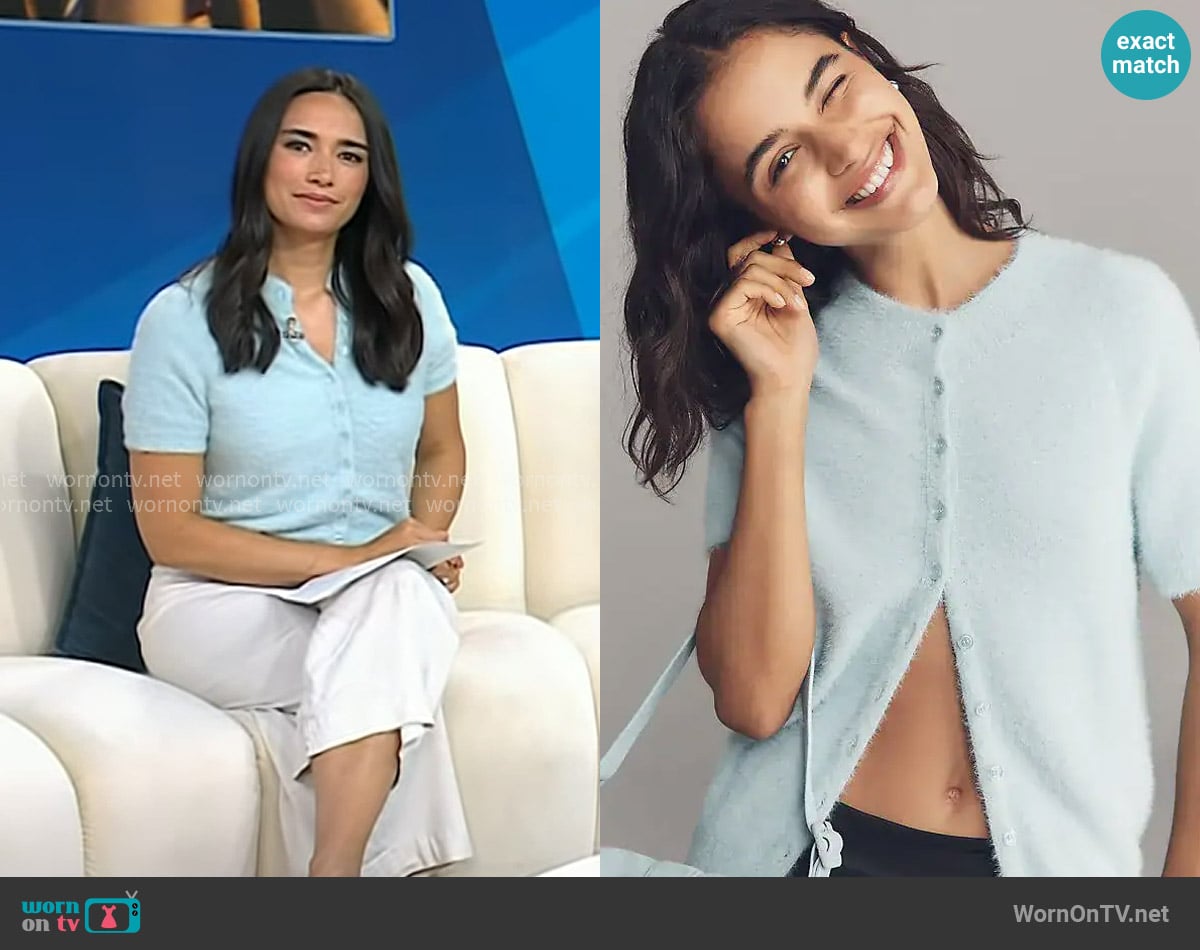 Anthropologie Short-Sleeve Eyelash Cardigan Sweater worn by Emilie Ikeda on Today