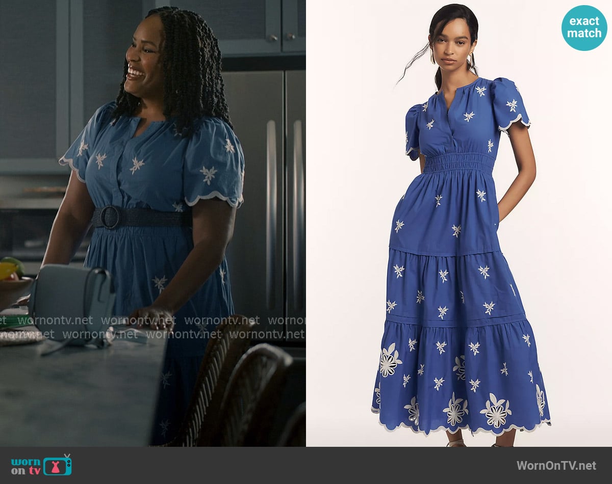 Anthropologie The Somerset Embroidered Maxi Dress in Blue worn by  Peggy Joyce Martin (Brittany L. Smith) on Sweet Magnolias