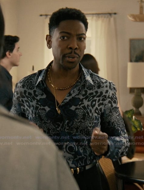 Antoine’s blue printed shirt on Not Suitable For Work