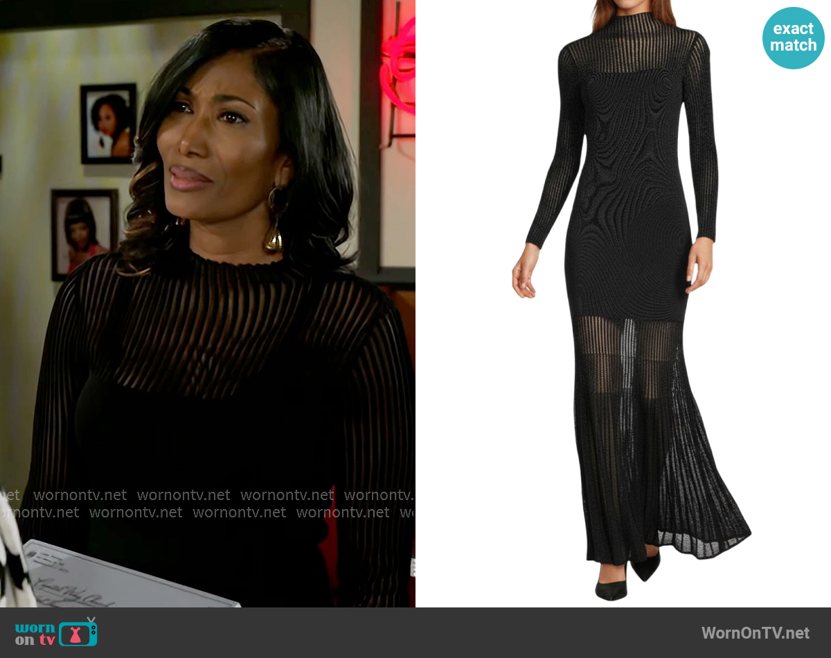 Antonio Melani Chelsea Long Sleeve Mock Neckline Sheath Maxi Dress worn by Dana 'Leslie' Thomas (Trisha Mann-Grant) on Beyond the Gates