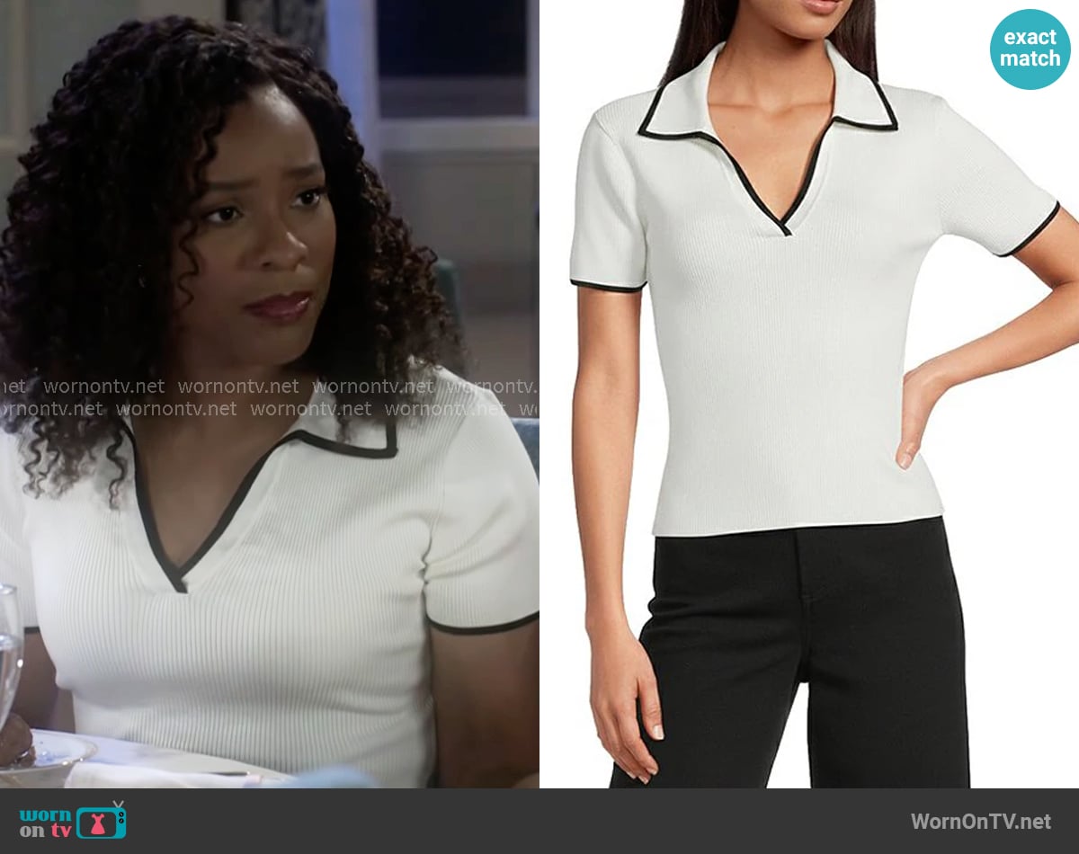 Antonio Melani Contrast Ribbed V-Neck Collar Short Sleeve Blouse worn by Naomi Hamilton Hawthorne (Arielle Prepetit) on Beyond the Gates
