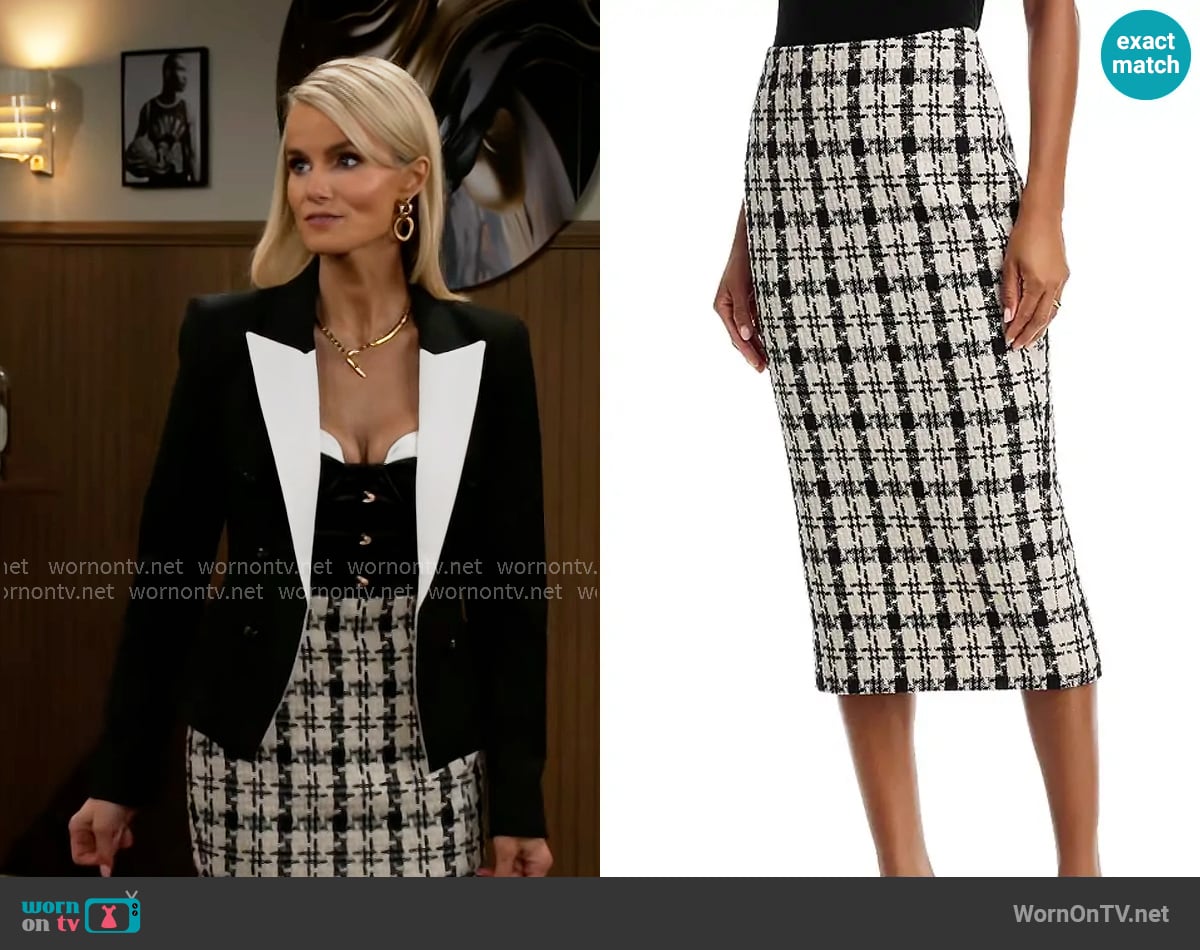 Aqua Houndstooth Tweed Midi Skirt worn by Vanessa McBride (Lauren Buglioli) on Beyond the Gates