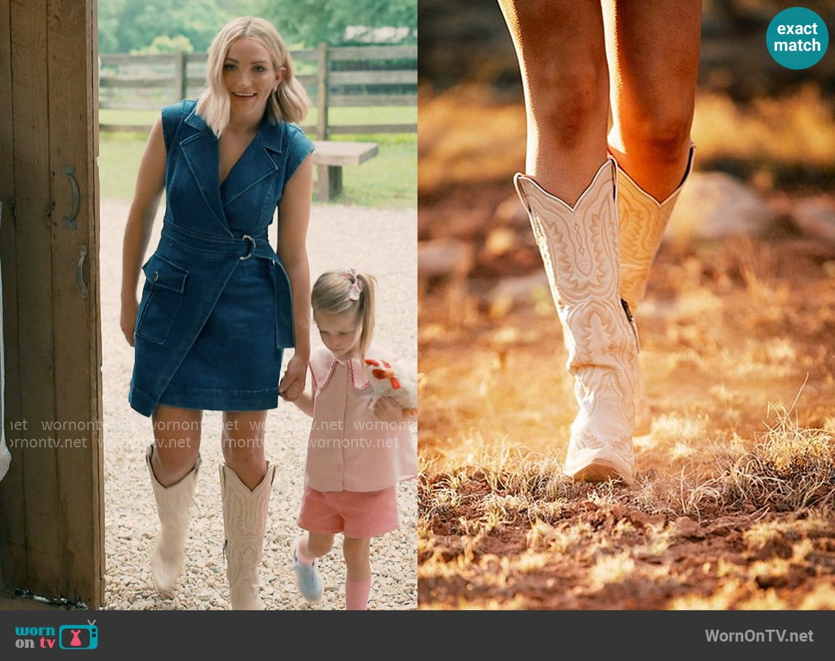 Ariat Casanova Tall Leather Western Boots in Blanco worn by Noreen Fitzgibbons (Jamie Lynn Spears) on Sweet Magnolias
