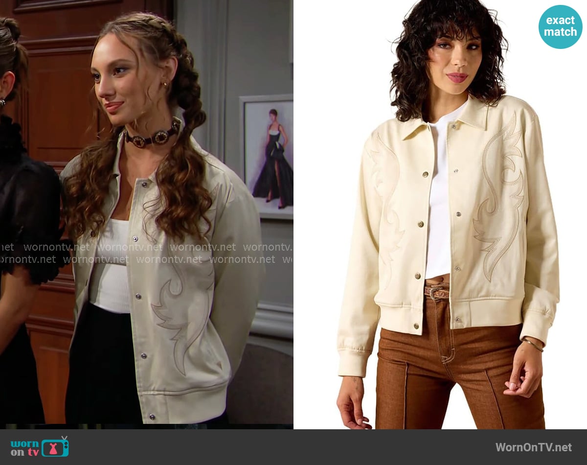 Ariat Vaquero Bomber Jacket in Summer Sand worn by Melissa Dylan (Sydney Bullock) on The Bold and the Beautiful