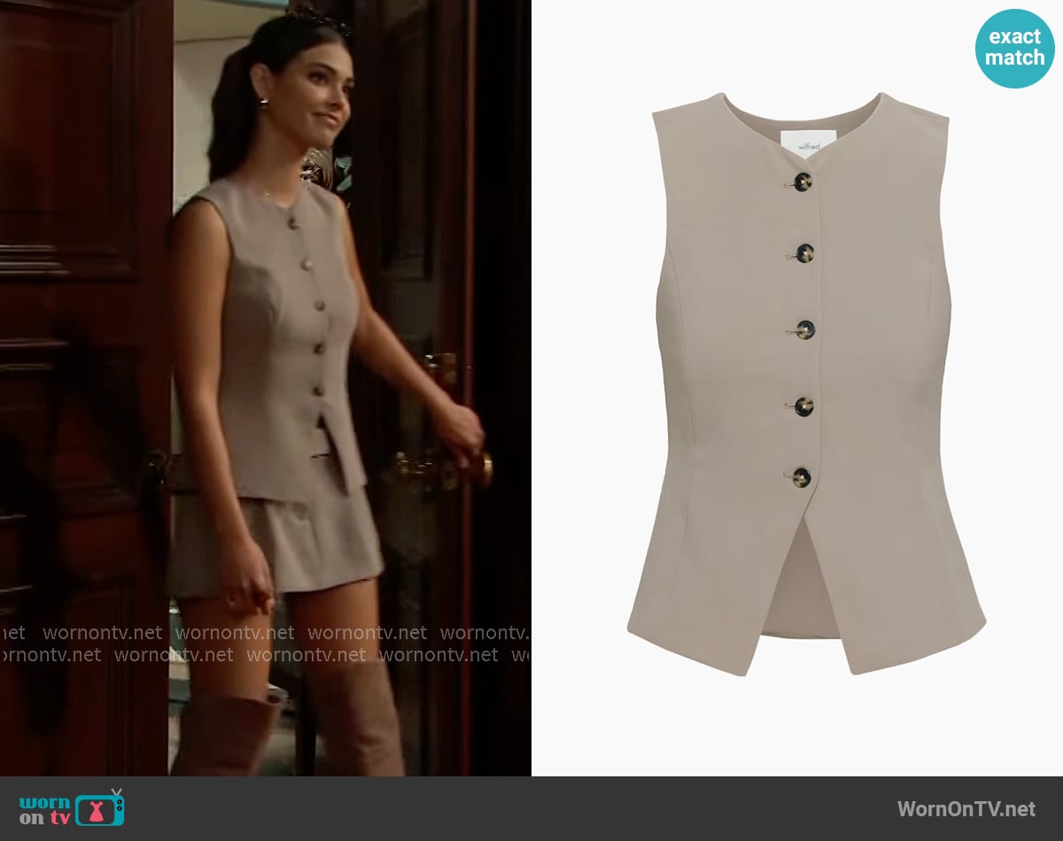 Aritzia Regal Vest in Nomad Taupe worn by Electra Forrester (Laneya Grace) on The Bold and the Beautiful