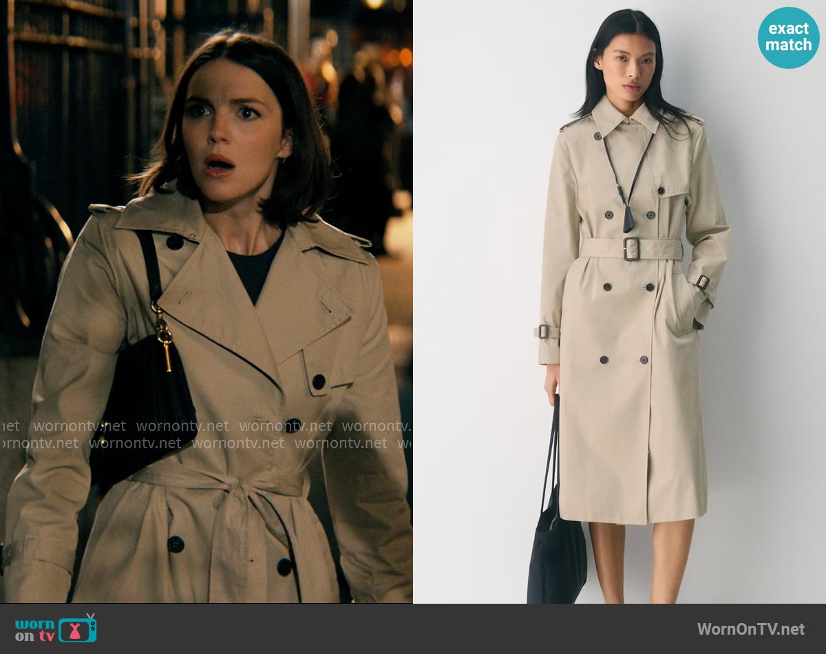 Aritzia The Finch Trench Coat in Marcona Beige worn by AJ Pascarelli (Ella Hunt) on Not Suitable For Work