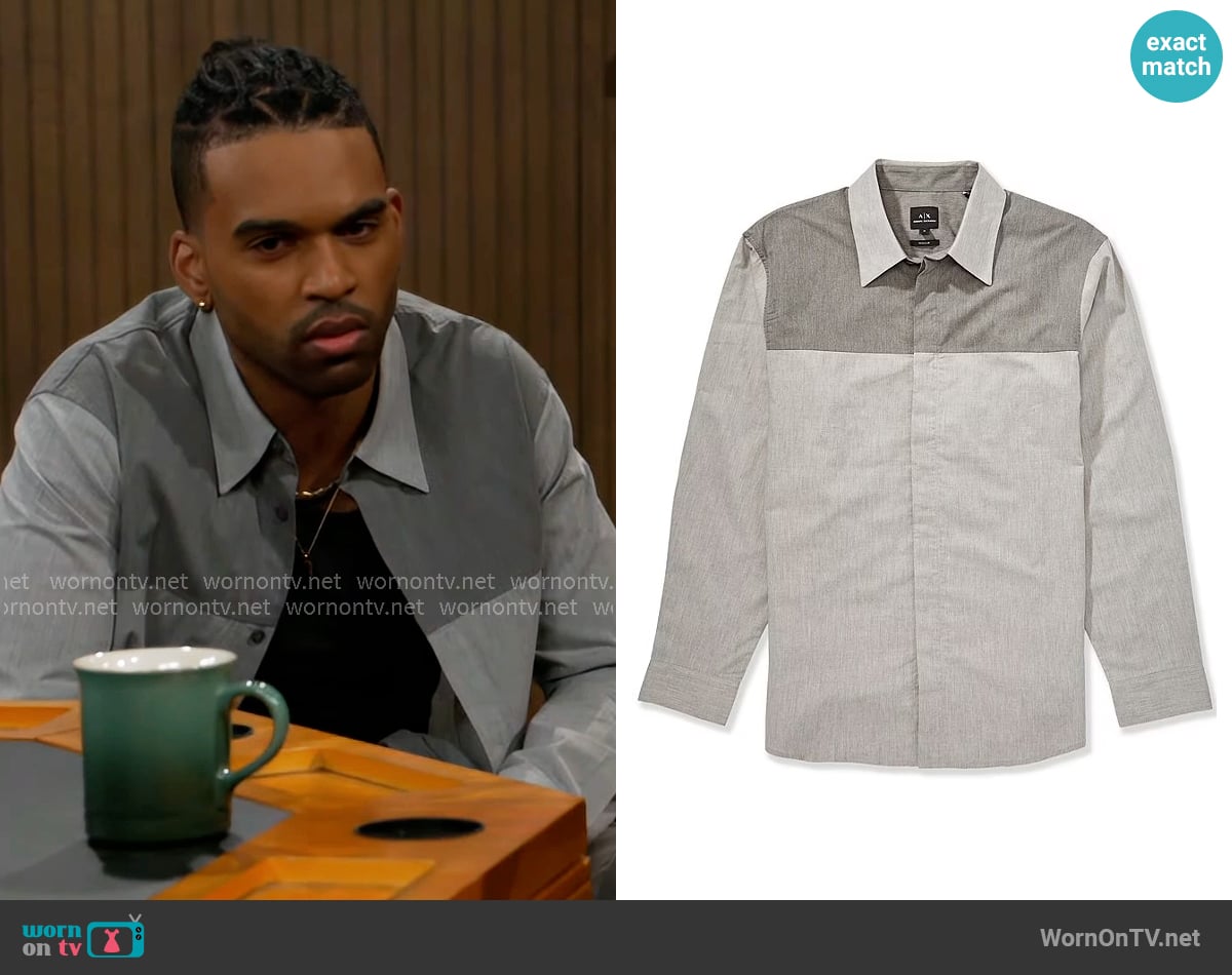 Armani Exchange Color Block Long Sleeve Woven Shirt worn by Izaiah Hawthorne (David Lami Friebe) on Beyond the Gates