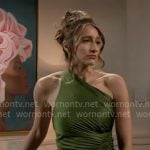Ashley’s green pleated one-shoulder dress on Beyond the Gates