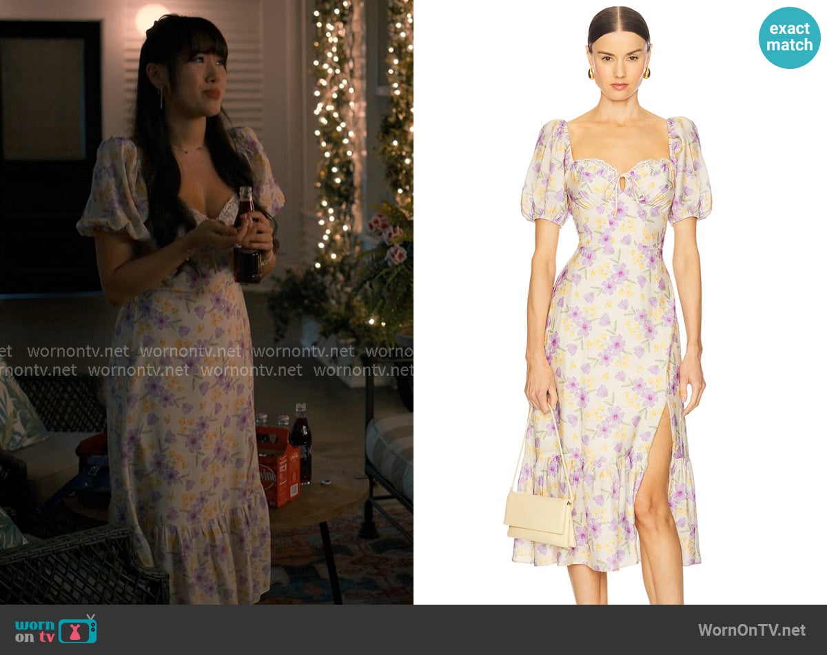 ASTR the Label Lace Trimmed Milkmaid Dress worn by Lily Song (Artemis) on Sweet Magnolias