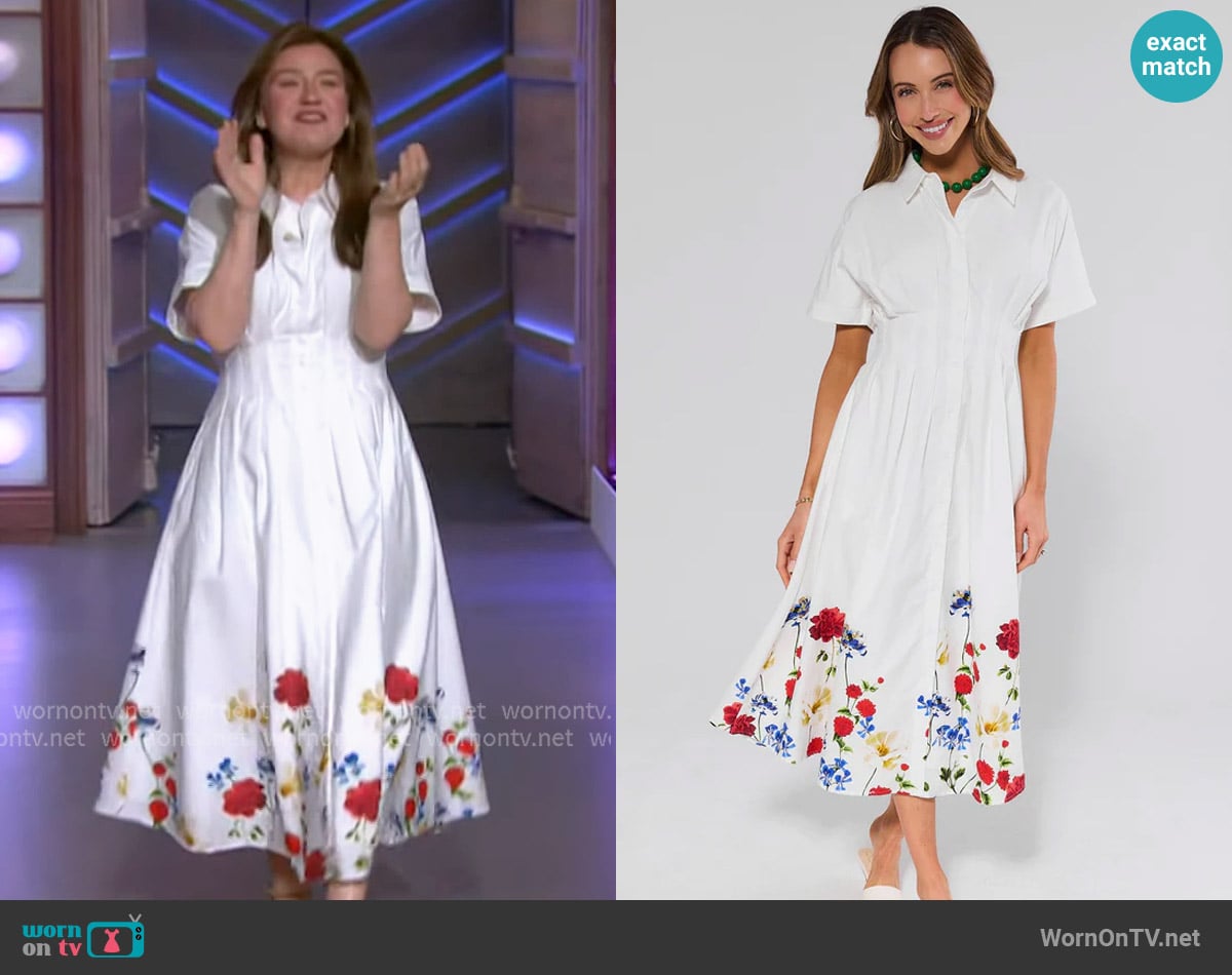 Avara Poppy White Floral Trim Midi Dress worn by Kelly Clarkson on The Kelly Clarkson Show