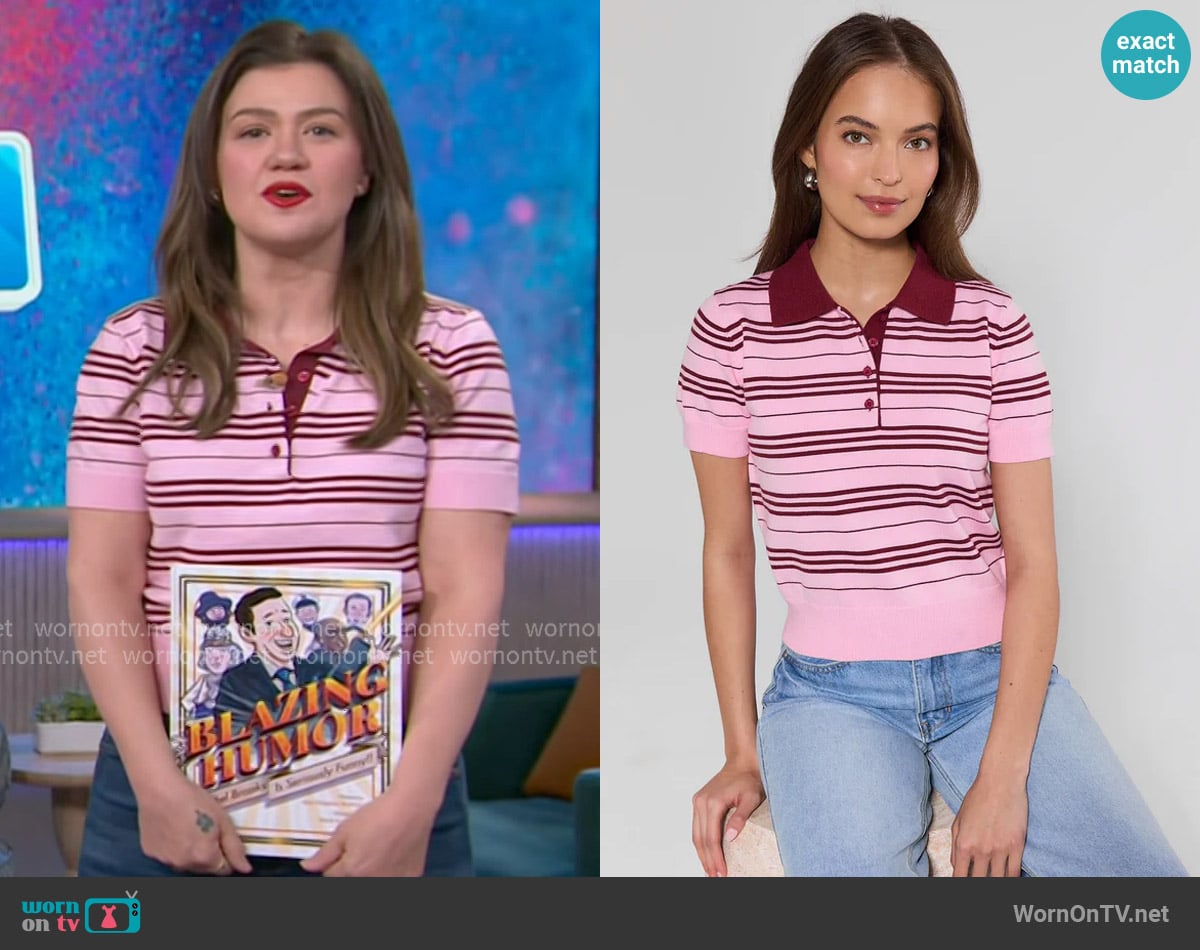 Avara Preston Pink Striped Polo Top worn by Kelly Clarkson on The Kelly Clarkson Show