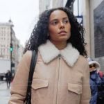 Ava’s beige shearling trim leather jacket on Next Gen NYC
