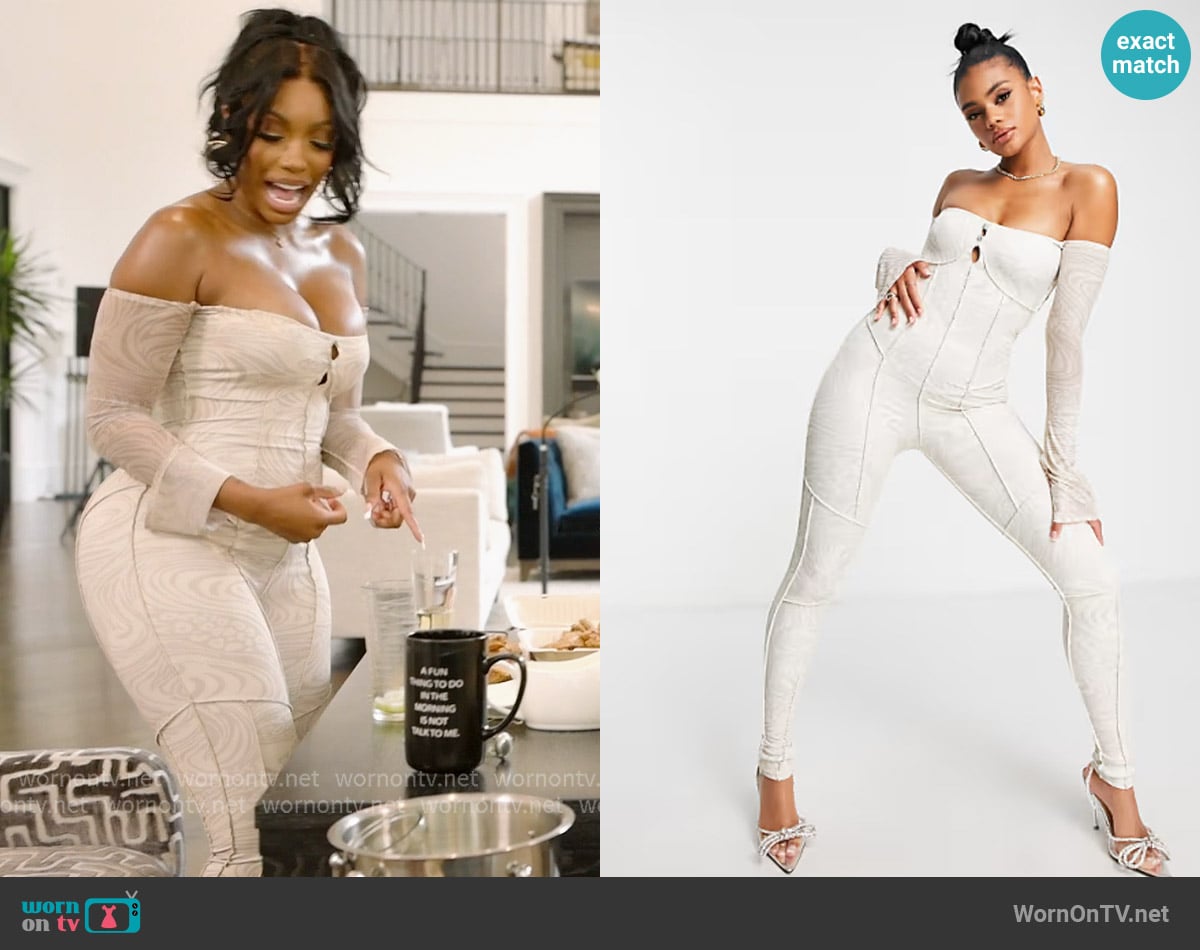 Bad Society Club Off shoulder long sleeve jumpsuit in cream swirl print worn by Porsha Williams on The Real Housewives of Atlanta