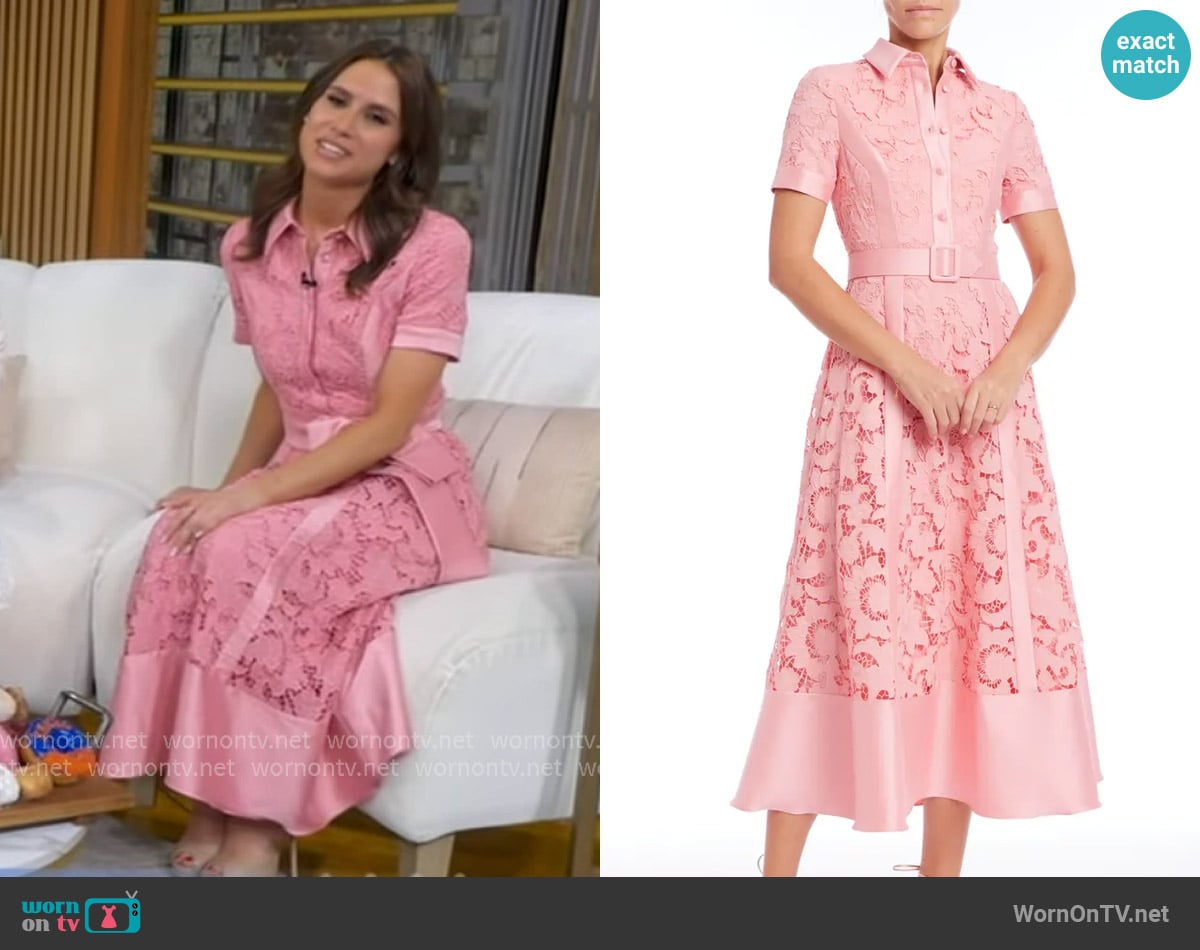 Badgley Mischka Collection Belted Floral Lace & Mikado Cocktail Dress worn by Sophie Flay on Good Morning America