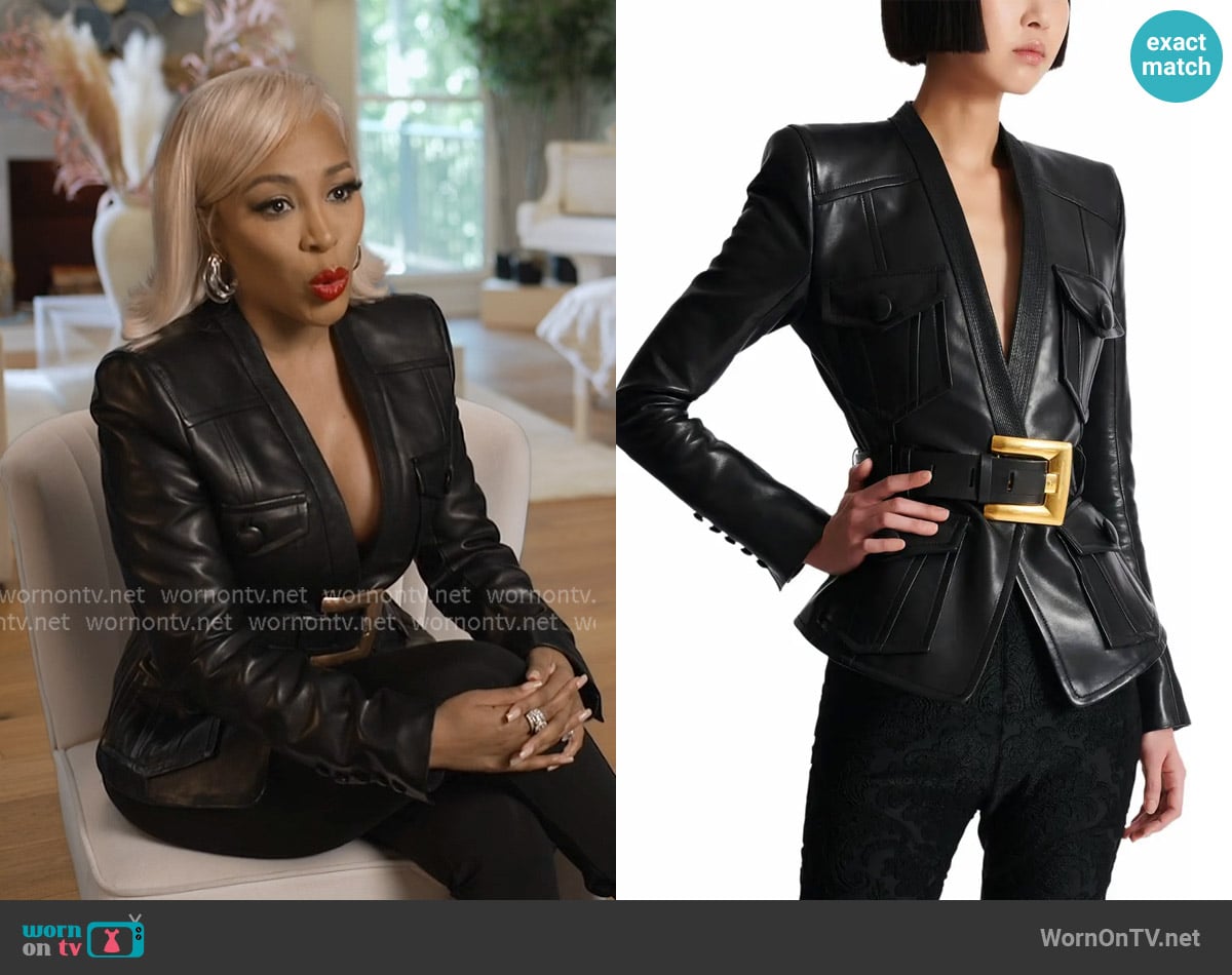 Balmain 1-Button Belted Leather Jacket worn by Kimberly Michelle Pate on The Real Housewives of Atlanta