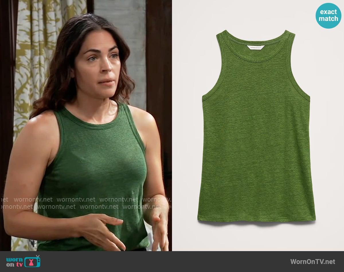 Banana Republic Linen Cutaway Tank in Cactus Grove Green worn by Britt Westbourne (Kelly Thiebaud) on General Hospital