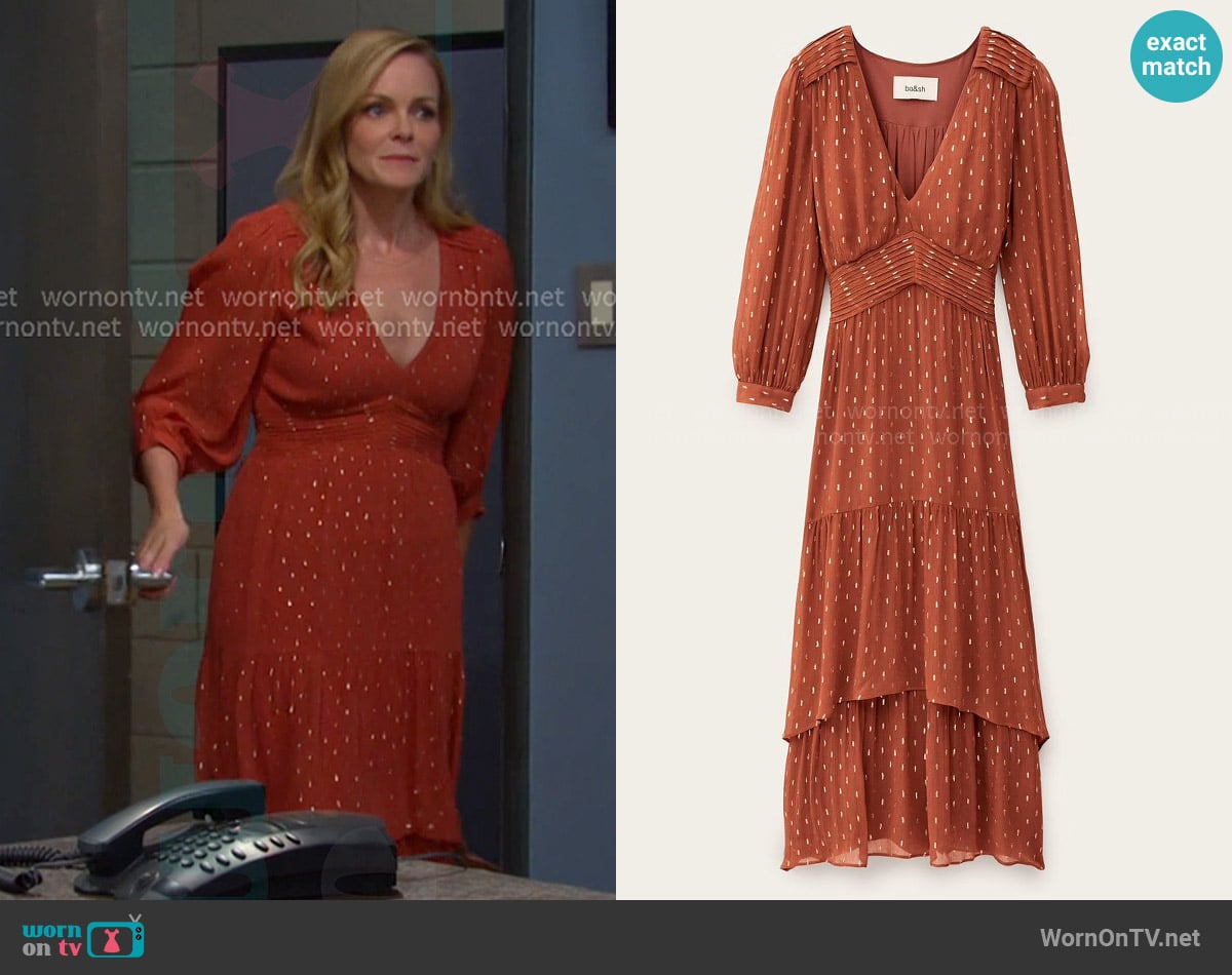 Ba&Sh Maia Pleated Waist Midi Dress worn by Belle Brady (Martha Madison) on Days of our Lives