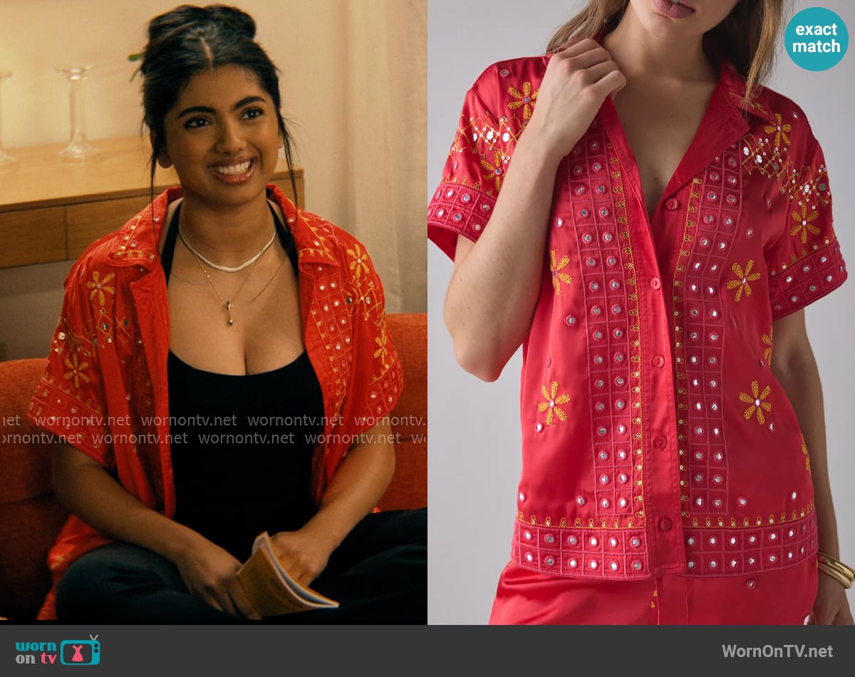 BDG at Urban Outfitters Nash Satin Mirror Sequin Souvenir Short Sleeve Button-Down Shirt worn by Abhinaya Chilukuri (Avantika) on Not Suitable For Work