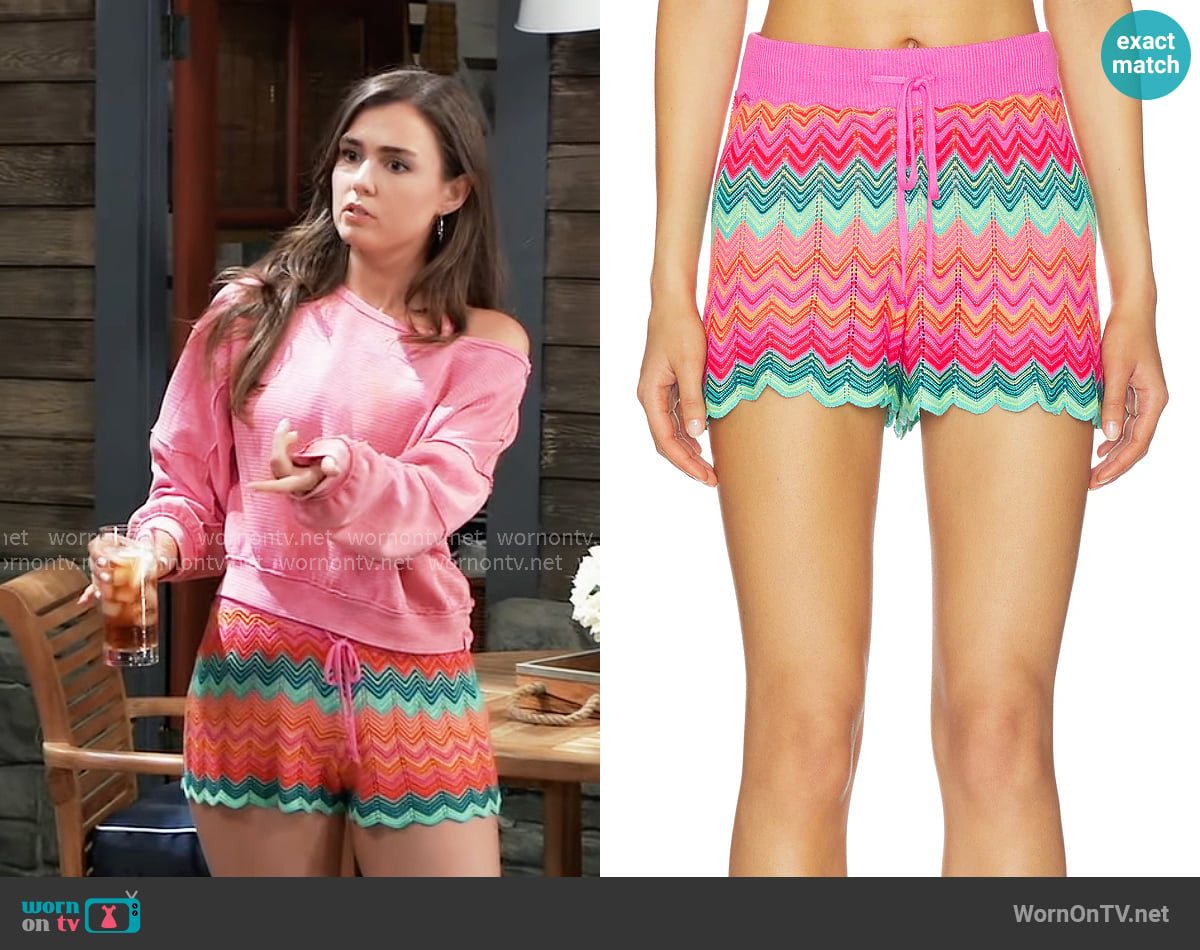 Emma’s pink off shoulder sweater and chevron stripe shorts on General Hospital Emma’s pink off shoulder sweater and chevron stripe shorts on General Hospital