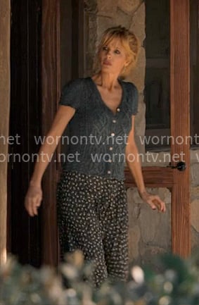 Beth’s blue cable-knit top and floral skirt on Dutton Ranch